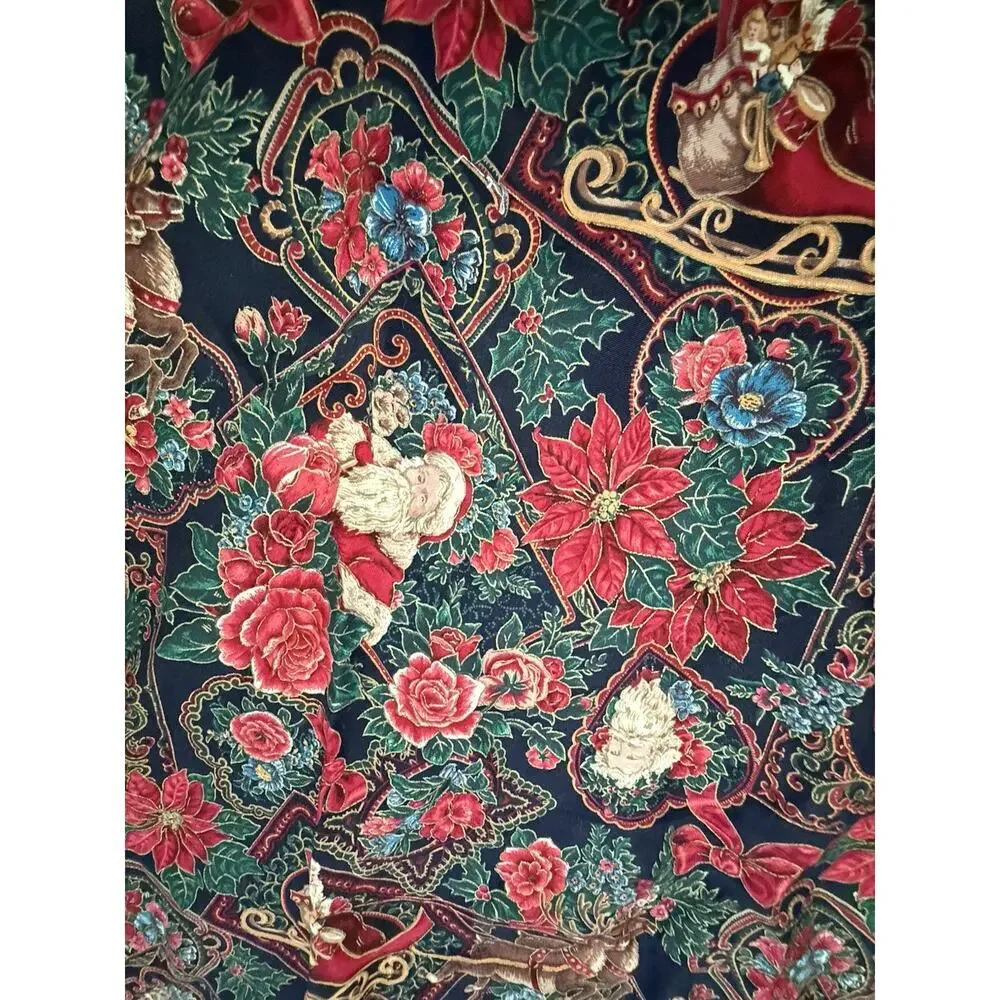 Vintage Christmas Skirt Tablecloth Round Ruffle Cotton 45” Red Print Victorian